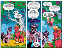 Size: 691x537 | Tagged: safe, artist:brenda hickey, idw, official comic, big macintosh, twilight sparkle, alicorn, pony, friends forever #17, g4, my little pony: friends forever, spoiler:comic, apple tree, comic, female, hat, male, mare, necktie, speech bubble, stallion, tree, trio, twilight sparkle (alicorn)