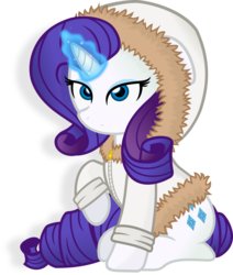 Size: 4000x4706 | Tagged: safe, artist:godoffury, rarity, pony, unicorn, g4, clothes, female, hoodie, jacket, magic, parka, simple background, sitting, solo, transparent background, winter outfit