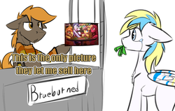 Size: 1056x670 | Tagged: safe, artist:ralek, color edit, big macintosh, braeburn, caramel, soarin', oc, oc:cirrus sky, oc:umber, earth pony, hippogriff, pony, g4, 2015, booth, braeburned, clothes, convention, crying, disappointed, duo, floppy ears, fluffy, frown, funny, male, midwest brony fest, money, mouth hold, sad, stallion, sweater