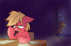 Size: 1280x823 | Tagged: safe, artist:heir-of-rick, applejack, big macintosh, earth pony, pony, daily apple pony, g4, colt, homework, male, mouth hold, part of a series, pencil, stallion, upset, worried