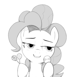 Size: 1280x1390 | Tagged: dead source, safe, artist:mostazathy, pinkie pie, earth pony, pony, g4, black and white, candy, female, food, grayscale, hoof hold, lollipop, mare, monochrome, simple background, smiling, smug, solo