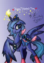 Size: 1748x2480 | Tagged: safe, artist:goaty0000, princess luna, g4, crossover, lilo and stitch, s1 luna, stitch