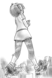 Size: 907x1360 | Tagged: safe, artist:alloyrabbit, dj pon-3, vinyl scratch, equestria girls, background human, city, clothes, crushing, destruction, fetish, giant vinyl scratch/giant dj pon-3, giantess, humanized, macro, monochrome, rampage, shoes, sneakers, sneakers fetish, stomping
