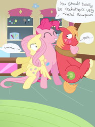 Size: 1024x1365 | Tagged: safe, artist:fanartsense, big macintosh, fluttershy, pinkie pie, earth pony, pony, g4, awkward, bipedal, blushing, female, male, ship:fluttermac, shipper on deck, shipping, straight