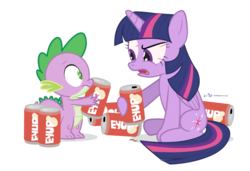 Size: 875x600 | Tagged: safe, artist:dm29, spike, twilight sparkle, alicorn, pony, g4, addiction, bloodshot eyes, duo, eyup, julian yeo is trying to murder us, simple background, soda, transparent background, twilight sparkle (alicorn)