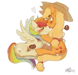 Size: 547x526 | Tagged: safe, artist:uar1, applejack, rainbow dash, g4, boop, female, lesbian, noseboop, pixiv, ship:appledash, shipping