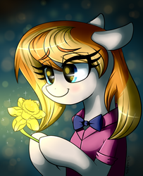 Size: 1128x1389 | Tagged: safe, artist:sigmanas, oc, oc only, oc:lalla riddle, pony, bittersweet, bowtie, flower, narcissus (flower), sad, shiny, smiling, solo