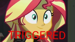 Size: 1280x720 | Tagged: safe, edit, edited screencap, screencap, sunset shimmer, equestria girls, friendship through the ages, g4, female, meme, solo, triggered