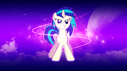 Size: 1920x1080 | Tagged: safe, artist:mrkupkake, artist:pixiepea, dj pon-3, vinyl scratch, pony, unicorn, g4, abstract, badass, female, hooves, horn, lens flare, looking at you, mare, moon, smiling, solo, teeth, vector, wallpaper