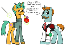 Size: 1000x714 | Tagged: safe, artist:pikokko, snails, snips, pony, snail, unicorn, g4, apple, beard, clothes, duo, food, glasses, magic, male, muttonchops, necktie, older, older snails, older snips, pincushion, simple background, stallion, suit, sweater, telekinesis, white background