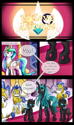 Size: 1500x2516 | Tagged: safe, artist:vavacung, princess celestia, queen chrysalis, changeling, comic:to love alicorn, g4, comic, derp, royal guard