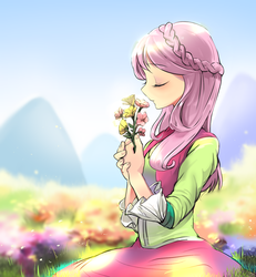 Size: 1200x1300 | Tagged: safe, artist:quizia, fluttershy, equestria girls, friendship through the ages, g4, my little pony equestria girls: rainbow rocks, alternate hairstyle, clothes, eyes closed, female, flower, flower field, folk fluttershy, mountain, sky, solo