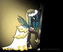 Size: 1796x1492 | Tagged: safe, artist:bananimationofficial, queen chrysalis, changeling, changeling queen, g4, clothes, dress, female, mirror, sad, solo, wedding dress