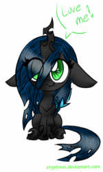 Size: 768x1280 | Tagged: safe, artist:cryptress, queen chrysalis, changeling, changeling queen, g4, cute, dialogue, female, filly, looking at you, smiling, solo, young