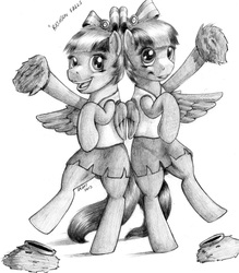 Size: 875x1000 | Tagged: safe, artist:stallionslaughter, lilac sky, spring step, sunlight spring, pony, g4, bipedal, cheerleader, dancing, female, grayscale, happy, monochrome, open mouth, pom pom, traditional art