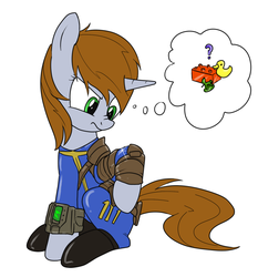 Size: 997x1071 | Tagged: safe, artist:brisineo, oc, oc only, oc:littlepip, pony, unicorn, fallout equestria, annoyed, clothes, clothes swap, fallout, fallout 4, fanfic, fanfic art, female, jumpsuit, leather, mare, pipboy, pipbuck, plastic, scrunchy face, shiny, simple background, solo, vault suit, white background