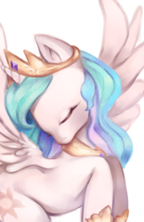 Size: 1320x2040 | Tagged: safe, artist:pariahi, princess celestia, alicorn, pony, g4, eyes closed, female, mare, simple background, solo, spread wings