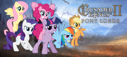 Size: 780x353 | Tagged: safe, applejack, fluttershy, pinkie pie, rainbow dash, rarity, twilight sparkle, g4, crusader kings, crusader kings 2, mane six, pinkie pie riding twilight, ponies riding ponies, riding