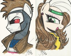 Size: 1024x802 | Tagged: safe, artist:ponygoddess, earth pony, pony, anti-hero, black sclera, female, gambit, green eyes, headband, male, mare, ponified, red eyes, red pupils, rogue (x-men), serious, serious face, stallion, traditional art, wild card (x-men), x-men