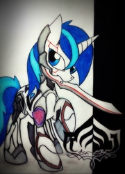 Size: 442x615 | Tagged: safe, artist:canvymamamoo, shining armor, g4, armor, crossover, excalibur (warframe), male, solo, sword, traditional art, video game, warframe