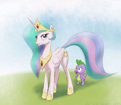 Size: 720x621 | Tagged: safe, artist:el-yeguero, princess celestia, spike, alicorn, dragon, pony, g4, :o, bedroom eyes, eyes on the prize, female, looking at butt, looking at you, male, mare, smiling, wide eyes