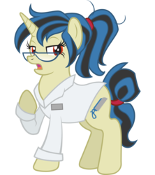 Size: 2800x3150 | Tagged: safe, artist:floots, artist:mellowhen, oc, oc only, oc:sawhorse, pony, unicorn, fallout equestria, clothes, doctor, glasses, high res, lab coat, ponytail, simple background, solo, transparent background, vector