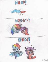 Size: 5100x6600 | Tagged: safe, artist:endlesswire94, rainbow dash, scootaloo, pegasus, pony, g4, absurd resolution, circling stars, comic, dude, female, filly, finding nemo, headbutt, hoofbump, mare, ouch, parody, traditional art