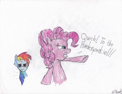 Size: 6600x5100 | Tagged: safe, artist:endlesswire94, pinkie pie, rainbow dash, g4, absurd resolution, family guy, male, parody, this will end in tears and/or death, traditional art