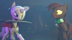 Size: 1191x670 | Tagged: safe, artist:thekingofvideogame10, oc, oc:gamepad flightfoot, 3d, blade lick, ghirahim, licking, ponified, scared, source filmmaker, sword, the legend of zelda, the legend of zelda: skyward sword