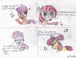 Size: 6600x5100 | Tagged: safe, artist:endlesswire94, apple bloom, babs seed, scootaloo, sweetie belle, g4, absurd resolution, cutie mark crusaders, parody, peanuts, peter rabbit, singing, traditional art, you're a good man charlie brown