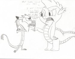 Size: 1024x805 | Tagged: safe, artist:megaanimationfan, spike, chinese dragon, dragon, eastern dragon, lizard, g4, confused, crossover, dialogue, monochrome, mulan, mushu, reference, talking, traditional art