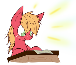 Size: 1000x857 | Tagged: safe, artist:heir-of-rick, big macintosh, earth pony, pony, daily apple pony, g4, desk, male, part of a series, solo, stallion, surprised, wide eyes, younger