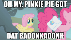 Size: 892x500 | Tagged: safe, edit, edited screencap, screencap, fluttershy, pinkie pie, earth pony, pegasus, pony, g4, caption, dat ass, female, image macro, mare, meme, text