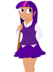 Size: 1024x1396 | Tagged: safe, artist:megaanimationfan, twilight sparkle, human, g4, bag, clothes, dress shirt, humanized, simple background, skirt, sweater vest, white background