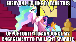 Size: 890x500 | Tagged: safe, princess celestia, twilight sparkle, alicorn, pony, g4, engagement, female, image macro, lesbian, mare, meme, ship:twilestia, shipping, twilight sparkle (alicorn)