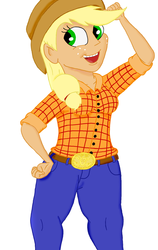 Size: 1024x1620 | Tagged: safe, artist:megaanimationfan, applejack, human, g4, applebucking thighs, clothes, hand on hip, humanized, jeans, simple background, striped shirt, white background