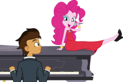 Size: 1600x1067 | Tagged: safe, artist:imperfectxiii, pinkie pie, oc, oc:copper plume, equestria girls, g4, my little pony equestria girls: rainbow rocks, bare shoulders, canon x oc, clothes, copperpie, dress, female, high heels, male, microphone, musical instrument, outfit, piano, pinkie on a piano, red dress, simple background, sleeveless, strapless, transparent background