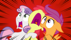 Size: 6667x3750 | Tagged: safe, artist:masem, apple bloom, scootaloo, sweetie belle, earth pony, pegasus, pony, unicorn, appleoosa's most wanted, g4, .ai available, absurd resolution, cutie mark crusaders, motion lines, nose in the air, screaming, trio, uvula, vector