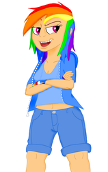 Size: 1024x1620 | Tagged: safe, artist:megaanimationfan, rainbow dash, human, g4, belly button, clothes, fingerless gloves, gloves, humanized, jacket, midriff, shorts, simple background, white background, wristband