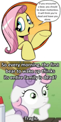 Size: 500x1000 | Tagged: safe, idw, fluttershy, sweetie belle, friendship is magic #3, g4, my little pony: friendship is magic (idw), bad advice fluttershy, crossing the memes, exploitable meme, fridge logic, image macro, meme, sudden clarity sweetie belle