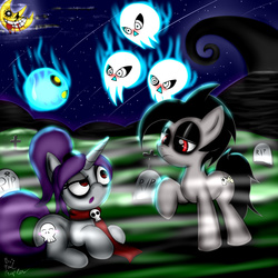 Size: 1280x1280 | Tagged: safe, artist:paulpeopless, oc, oc only, oc:paulpeoples, oc:rosey, earth pony, pony, unicorn, :o, clothes, crossover, female, frown, gravestone, graveyard, male, mare, moon, necromancer, necromancy, prone, raised eyebrow, raised hoof, scarf, signature, skull, stallion