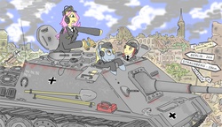 Size: 2000x1150 | Tagged: safe, artist:colorcopycenter, derpy hooves, fluttershy, pony, g4, bipedal, germany, jagdpanther, ruins, smoke, tank (vehicle), war, world war ii