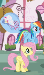 Size: 295x500 | Tagged: safe, screencap, fluttershy, rainbow dash, g4, party pooped, animated, cute, female, nose in the air