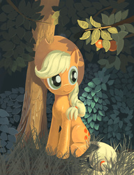 Size: 692x900 | Tagged: dead source, safe, artist:maggwai, applejack, earth pony, pony, g4, cute, female, grass, sitting, smiling, solo, tree, under the tree