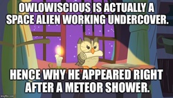 Size: 640x360 | Tagged: safe, edit, edited screencap, screencap, owlowiscious, alien, bird, owl, g4, owl's well that ends well, candle, headcanon, image macro, insane fan theory, male, meme, mouth hold, scroll, solo
