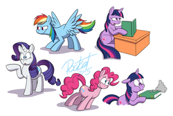 Size: 1238x825 | Tagged: safe, artist:octanbearcat, pinkie pie, rainbow dash, rarity, twilight sparkle, alicorn, pony, g4, book, female, mare, twilight sparkle (alicorn)