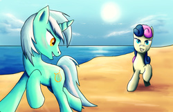 Size: 2000x1294 | Tagged: safe, artist:fox-moonglow, bon bon, lyra heartstrings, sweetie drops, earth pony, pony, unicorn, g4, beach, duo, ocean, running