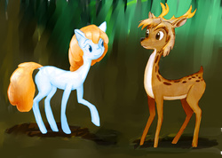 Size: 2231x1590 | Tagged: safe, artist:sanfin, oc, oc only, deer, earth pony, pony, abstract background, antlers, cute, deer oc, duo, earth pony oc, forest, non-pony oc, raised hoof, smiling