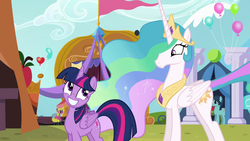 Size: 1280x720 | Tagged: safe, screencap, amethyst star, cherry berry, lonely hearts, princess celestia, sparkler, twilight sparkle, alicorn, pony, g4, party pooped, balloon, female, grin, out of context, paul mccartney, ponified, rapeface, smiling, twilight sparkle (alicorn)