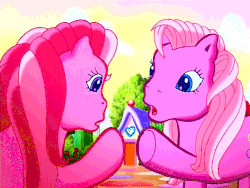Size: 640x480 | Tagged: safe, screencap, minty, pinkie pie (g3), g3, positively pink, animated, confused, female, look-alike, party cake place, rotating, rotation